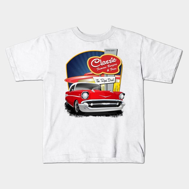 1957 Red and White Drive In Chevy Bel Air Kids T-Shirt by RPM-ART